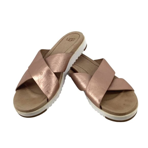 UGG Shoes - UGG Metallic Rose Gold Crisscross Slide Sandals